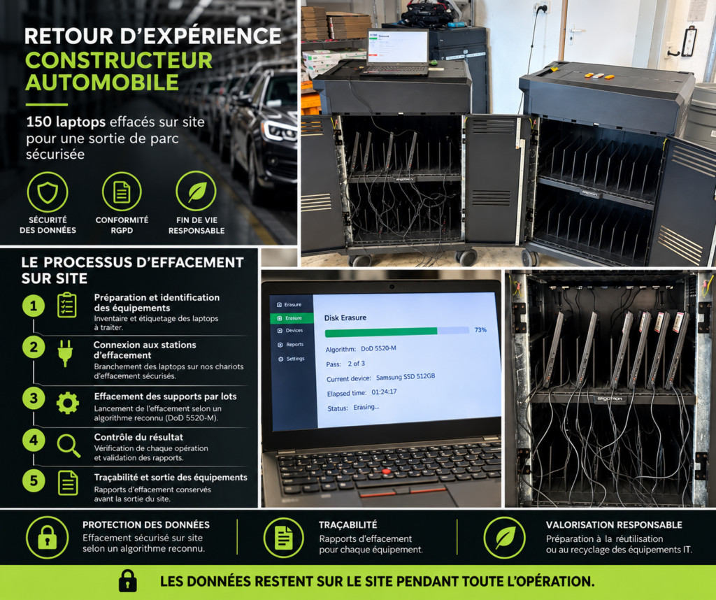 Retour d’expérience chez un constructeur automobile : processus d’effacement sécurisé de 150 laptops directement sur site