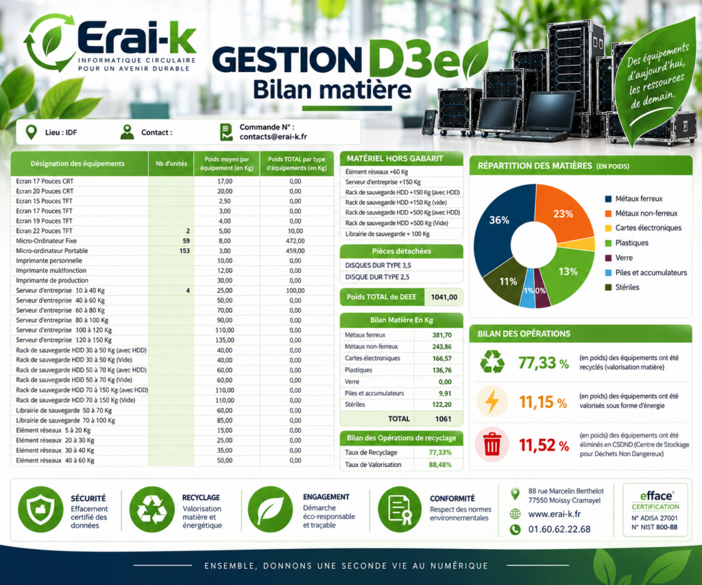 Bilan matière ERAI-K de 1 041 kg de déchets informatiques avec répartition des matières et taux de recyclage